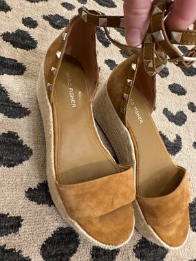 Marc Fisher Cognac Suede Studded Espadrille Wedge Sandals